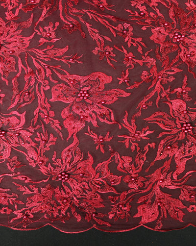 Maroon Floral Design Polyester Net Embroidered Fabric