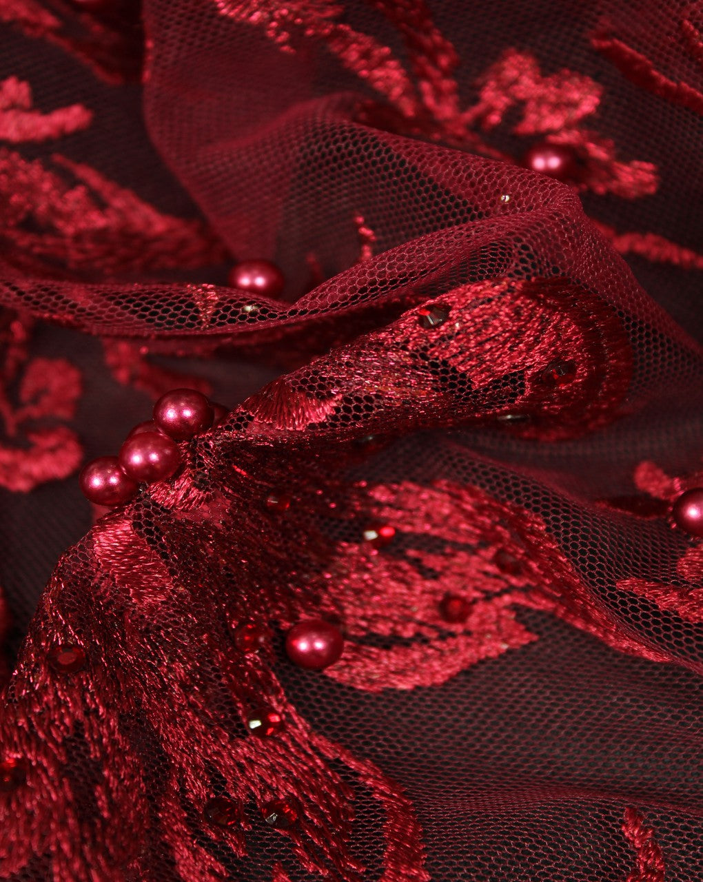 Maroon Floral Design Polyester Net Embroidered Fabric