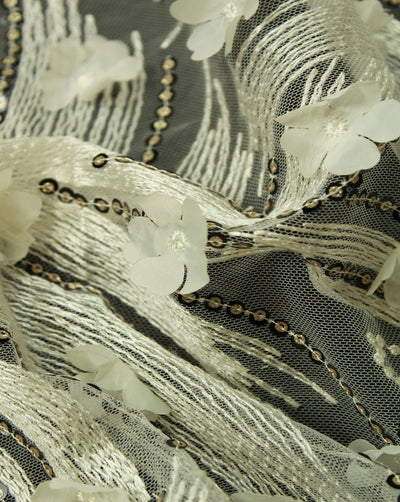 White And Black Floral Polyester Net Embroidered Fabric