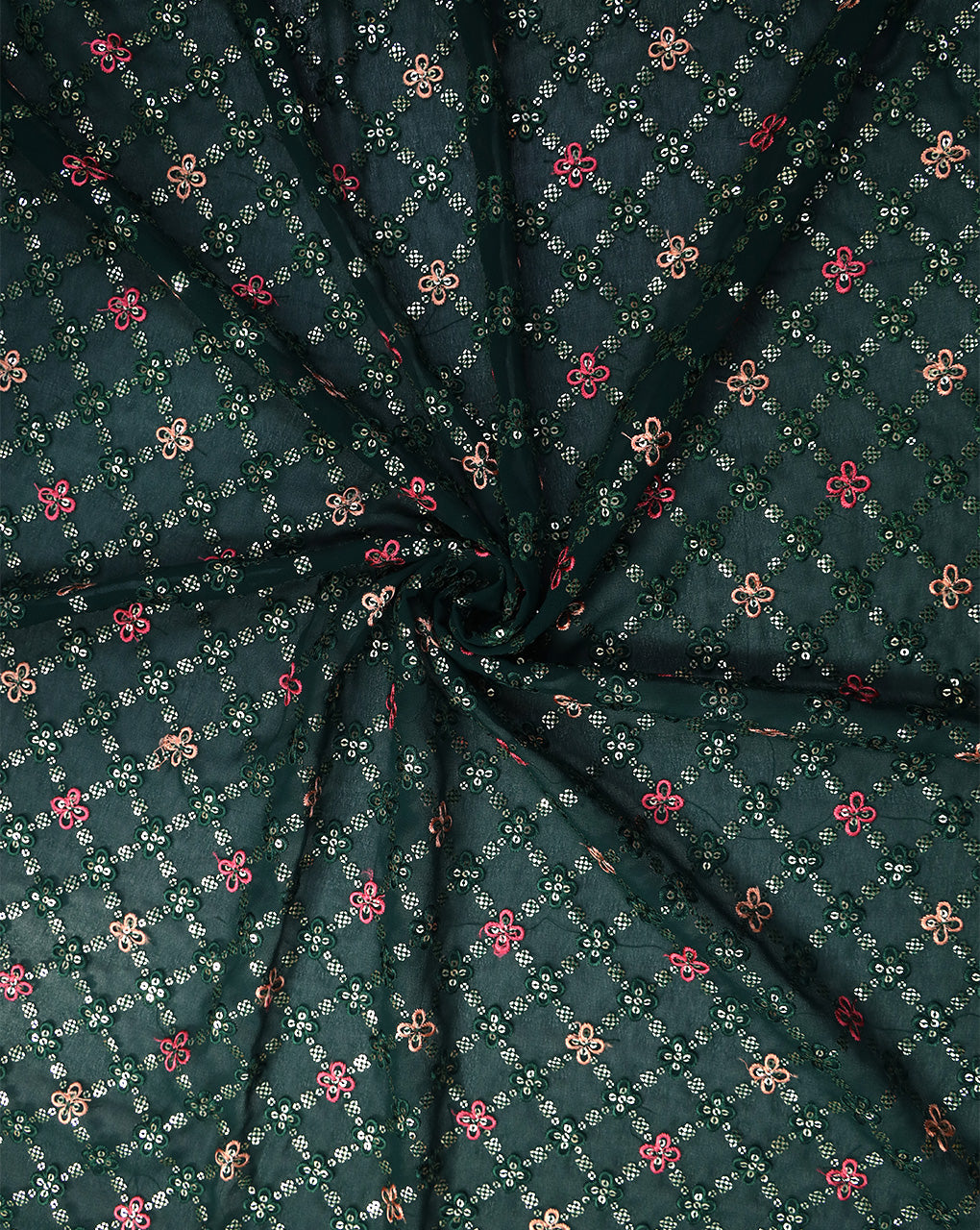 DARK GREEN GEORGETTE SEQUINS EMBROIDERY FABRIC