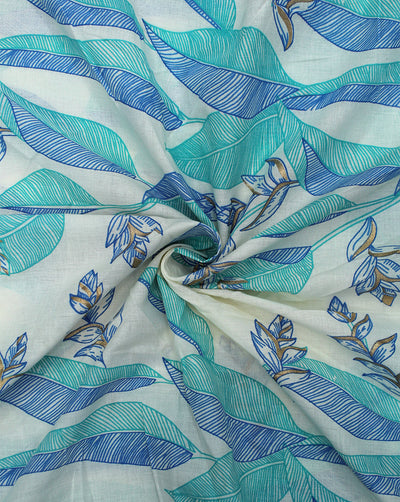 WHITE & MULTICOLOR LEAFS DESIGN COTTON PRINTED FABRIC