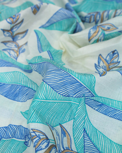 WHITE & MULTICOLOR LEAFS DESIGN COTTON PRINTED FABRIC
