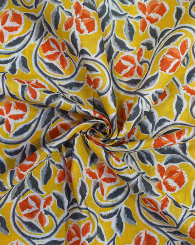 YELLOW & MULTICOLOR LEAFS DESIGN COTTON PRINTED FABRIC