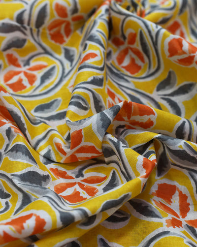 YELLOW & MULTICOLOR LEAFS DESIGN COTTON PRINTED FABRIC