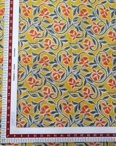 YELLOW & MULTICOLOR LEAFS DESIGN COTTON PRINTED FABRIC