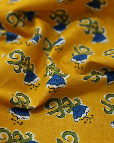 YELLOW & BLUE FLORAL DESIGN COTTON PRINTED FABRIC