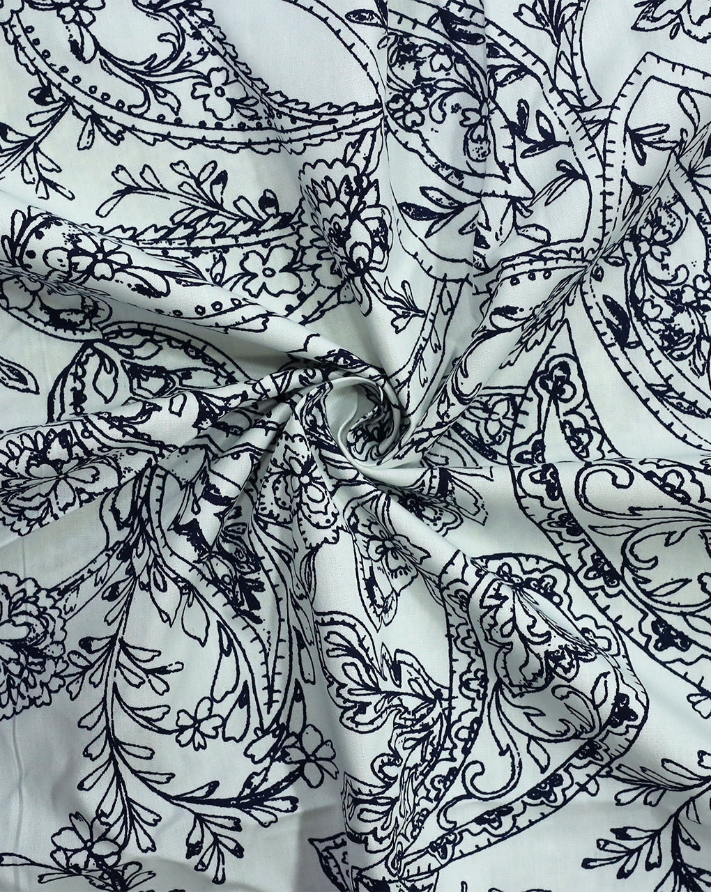 WHITE & NAVY BLUE FLORAL DESIGN COTTON POPLIN PRINTED FABRIC