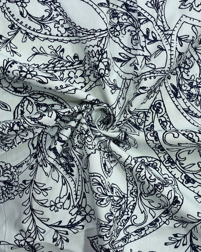 WHITE & NAVY BLUE FLORAL DESIGN COTTON POPLIN PRINTED FABRIC