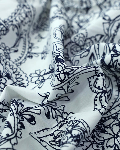 WHITE & NAVY BLUE FLORAL DESIGN COTTON POPLIN PRINTED FABRIC