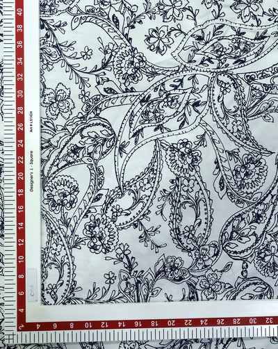 WHITE & NAVY BLUE FLORAL DESIGN COTTON POPLIN PRINTED FABRIC