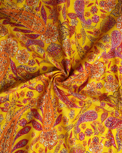 YELLOW & MULTICOLOR FLORAL DESIGN COTTON POPLIN PRINTED FABRIC