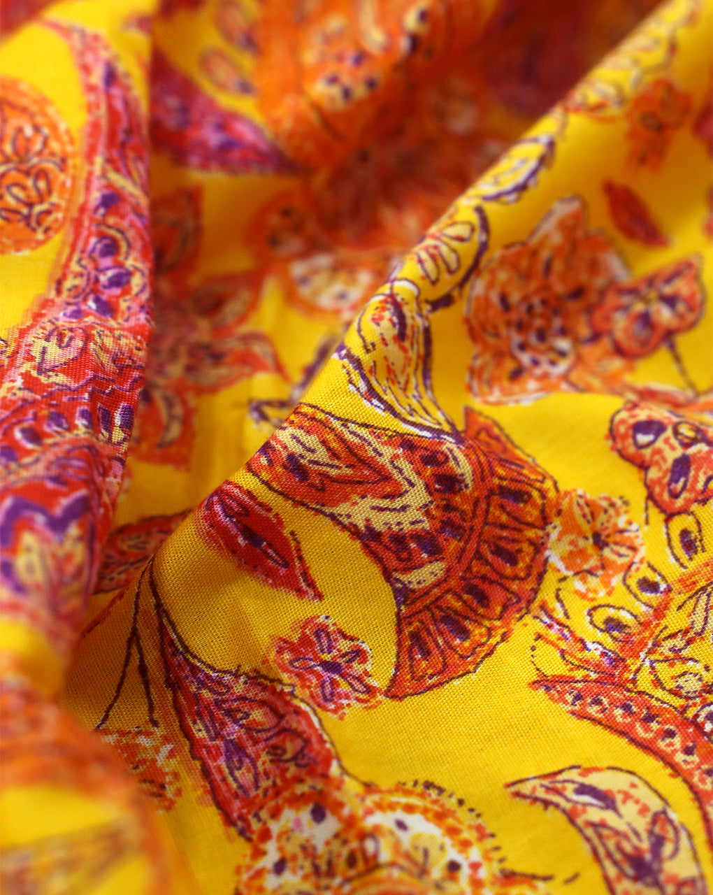 YELLOW & MULTICOLOR FLORAL DESIGN COTTON POPLIN PRINTED FABRIC