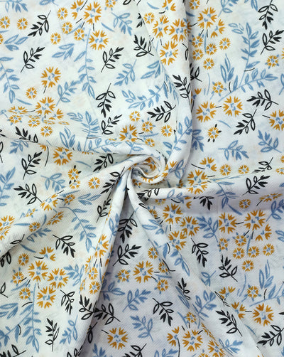 WHITE & MULTICOLOR LEAFS DESIGN PRINTED RAYON FABRIC