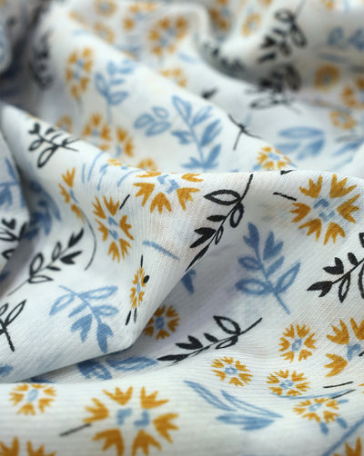 WHITE & MULTICOLOR LEAFS DESIGN PRINTED RAYON FABRIC