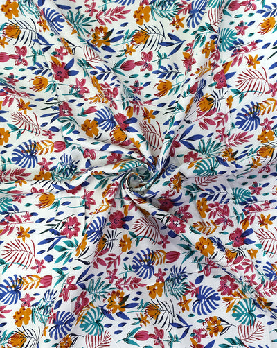 WHITE & MULTICOLOR FLORAL DESIGN PRINTED RAYON FABRIC