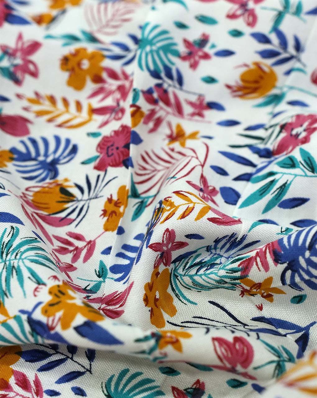 WHITE & MULTICOLOR FLORAL DESIGN PRINTED RAYON FABRIC