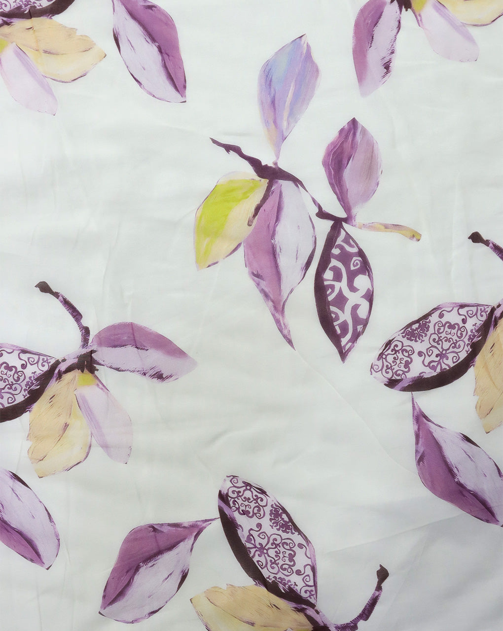 WHITE & MULTICOLOR LEAFS DESIGN PRINTED VISCOSE ORGANZA FABRIC