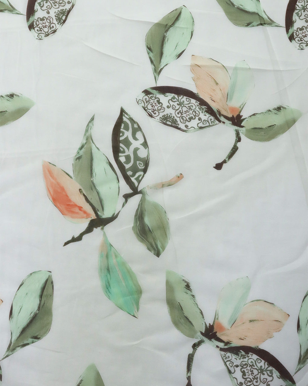 WHITE & MULTICOLOR LEAFS DESIGN PRINTED VISCOSE ORGANZA FABRIC