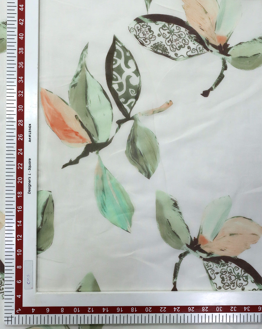 WHITE & MULTICOLOR LEAFS DESIGN PRINTED VISCOSE ORGANZA FABRIC