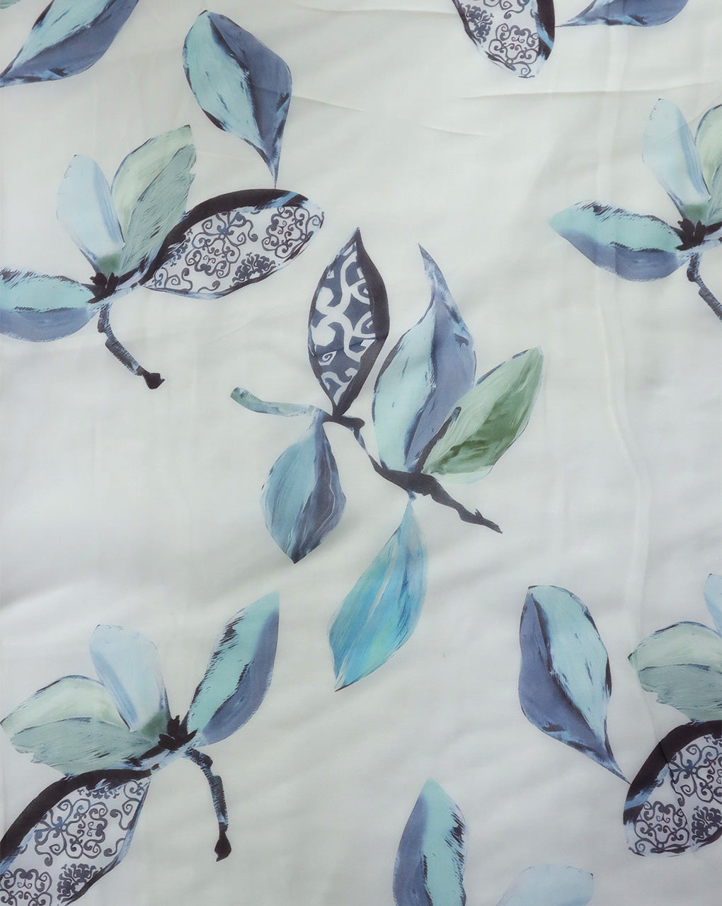 WHITE & MULTICOLOR LEAFS DESIGN PRINTED VISCOSE ORGANZA FABRIC