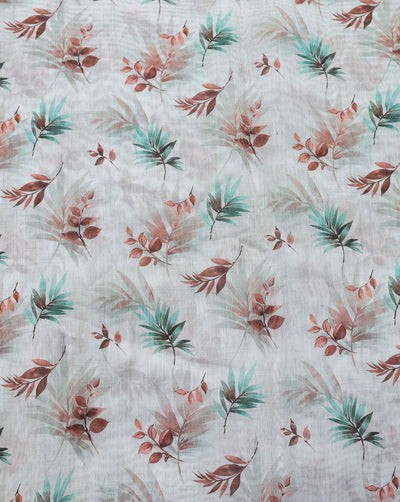 WHITE & MULTICOLOR LEAFS DESIGN POLYESTER CHANDERI FABRIC