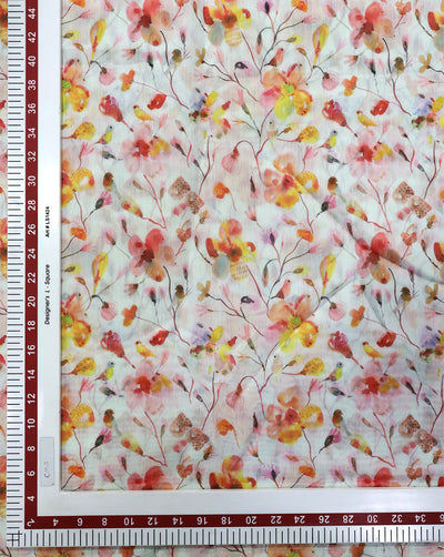 WHITE & MULTICOLOR FLORAL DESIGN POLYESTER CHANDERI FABRIC