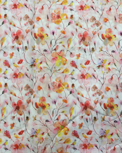 WHITE & MULTICOLOR FLORAL DESIGN POLYESTER CHANDERI FABRIC