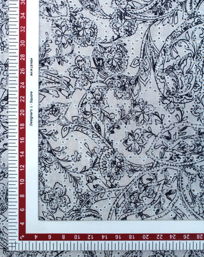 WHITE & NAVY BLUE FLORAL DESIGN COTTON SCHIFFLI PRINTED EMBROIDERY FABRIC