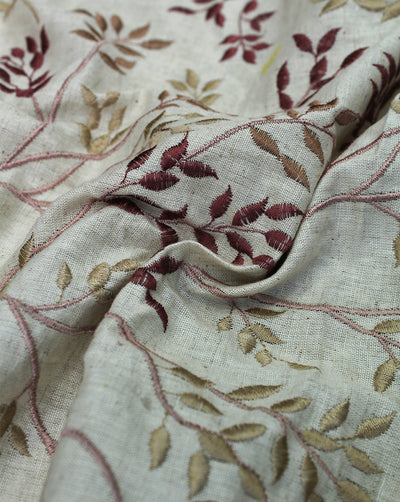 BEIGE LEAFS DESIGN COTTON FLEX EMBROIDERY FABRIC