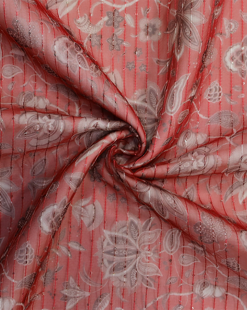 RED FLORAL DESIGN POLYESTER ORGANZA PRINTED FABRIC