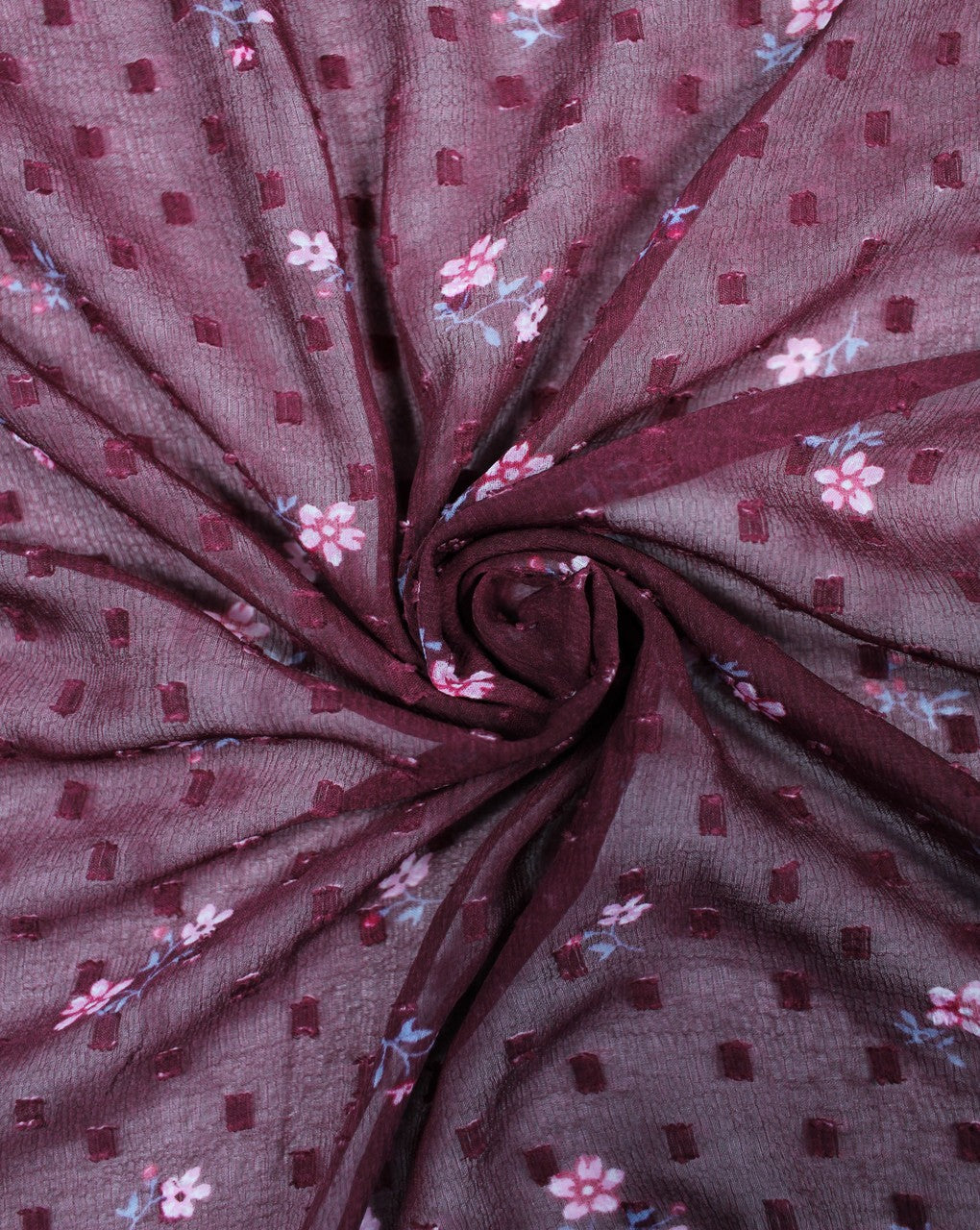 Maroon And Multicolor Flower Print Polyester Chiffon Fabric