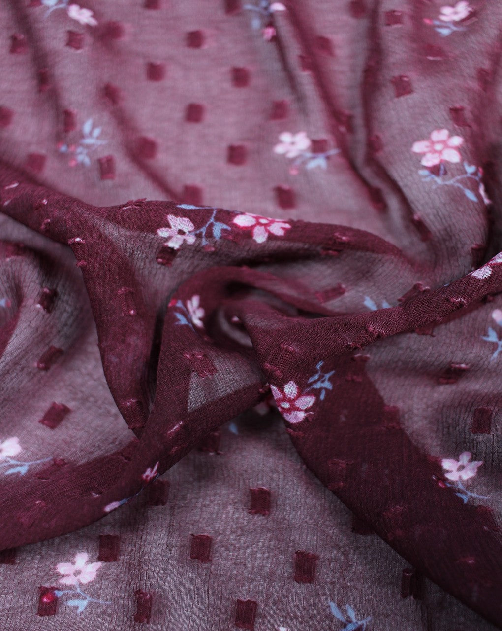 Maroon And Multicolor Flower Print Polyester Chiffon Fabric