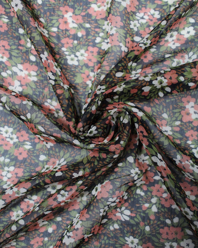 Black And Multicolor Floral Print Polyester Chiffon Fabric