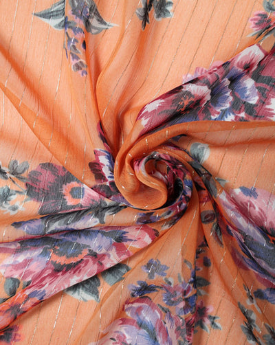 Orange And Multicolor Floral Design Polyester Chiffon Fabric