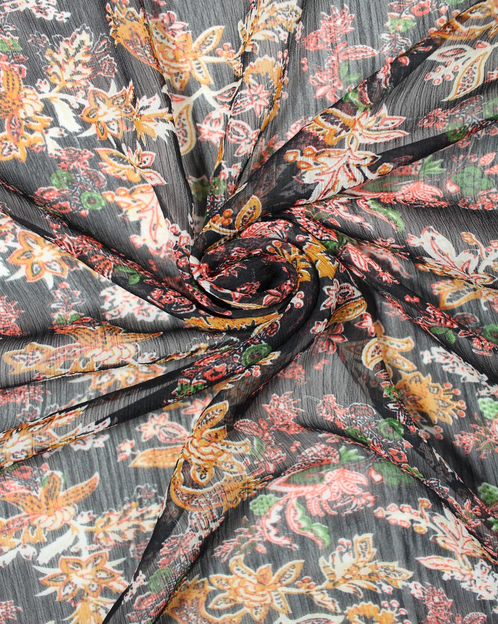 Black And Multicolor Floral Print 2 Polyester Chiffon Fabric