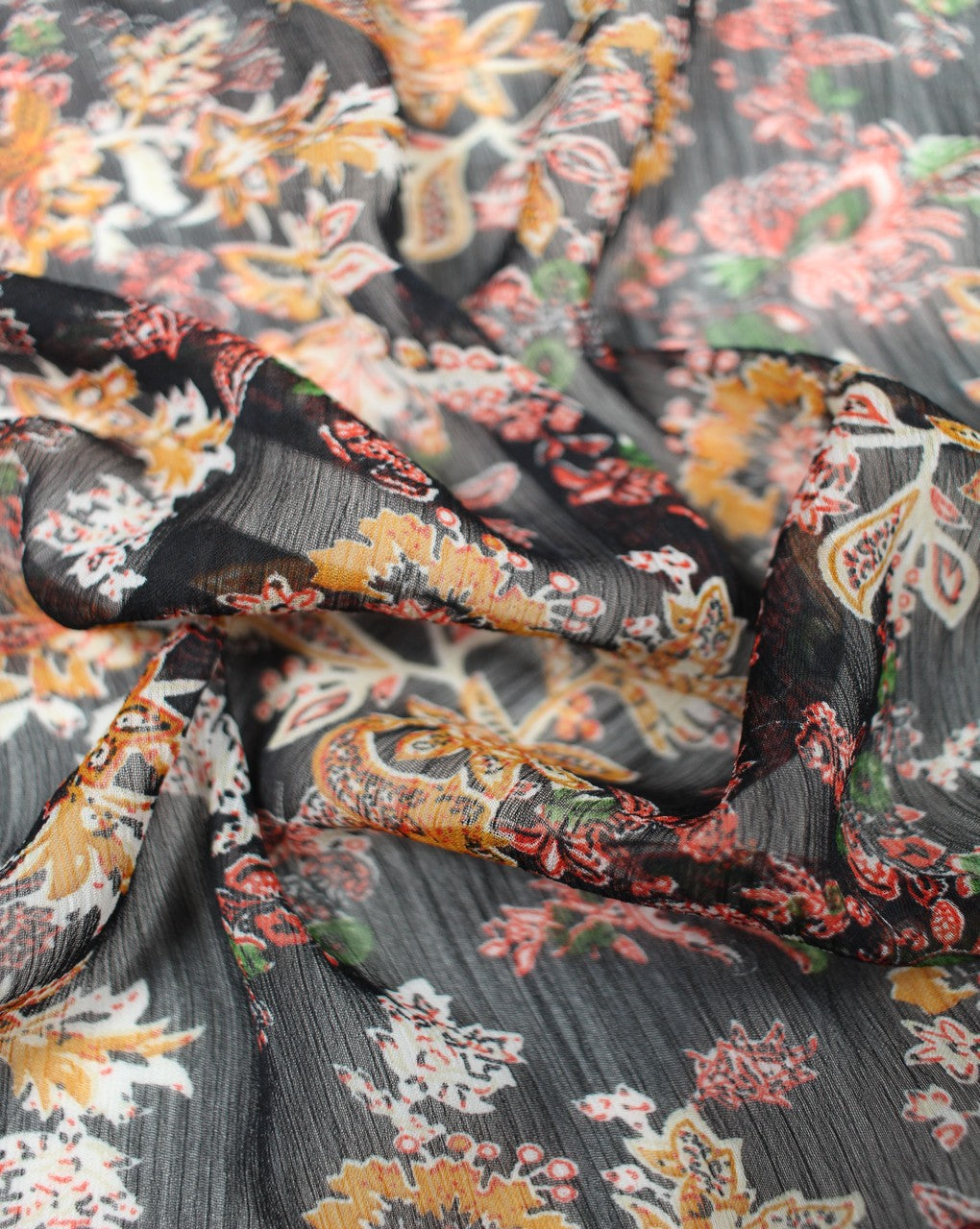 Black And Multicolor Floral Print 2 Polyester Chiffon Fabric