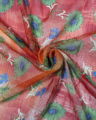 Orange And Multicolor Floral Print Polyester Chiffon Fabric