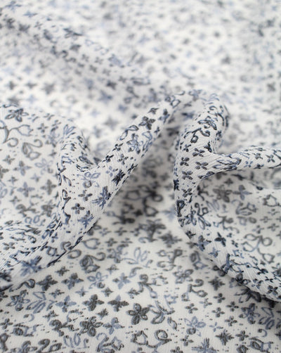 White And Blue Black Floral Print Polyester Chiffon Fabric