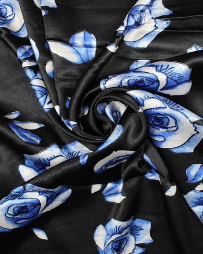 Black And White Blue Floral Print Polyester Satin Fabric