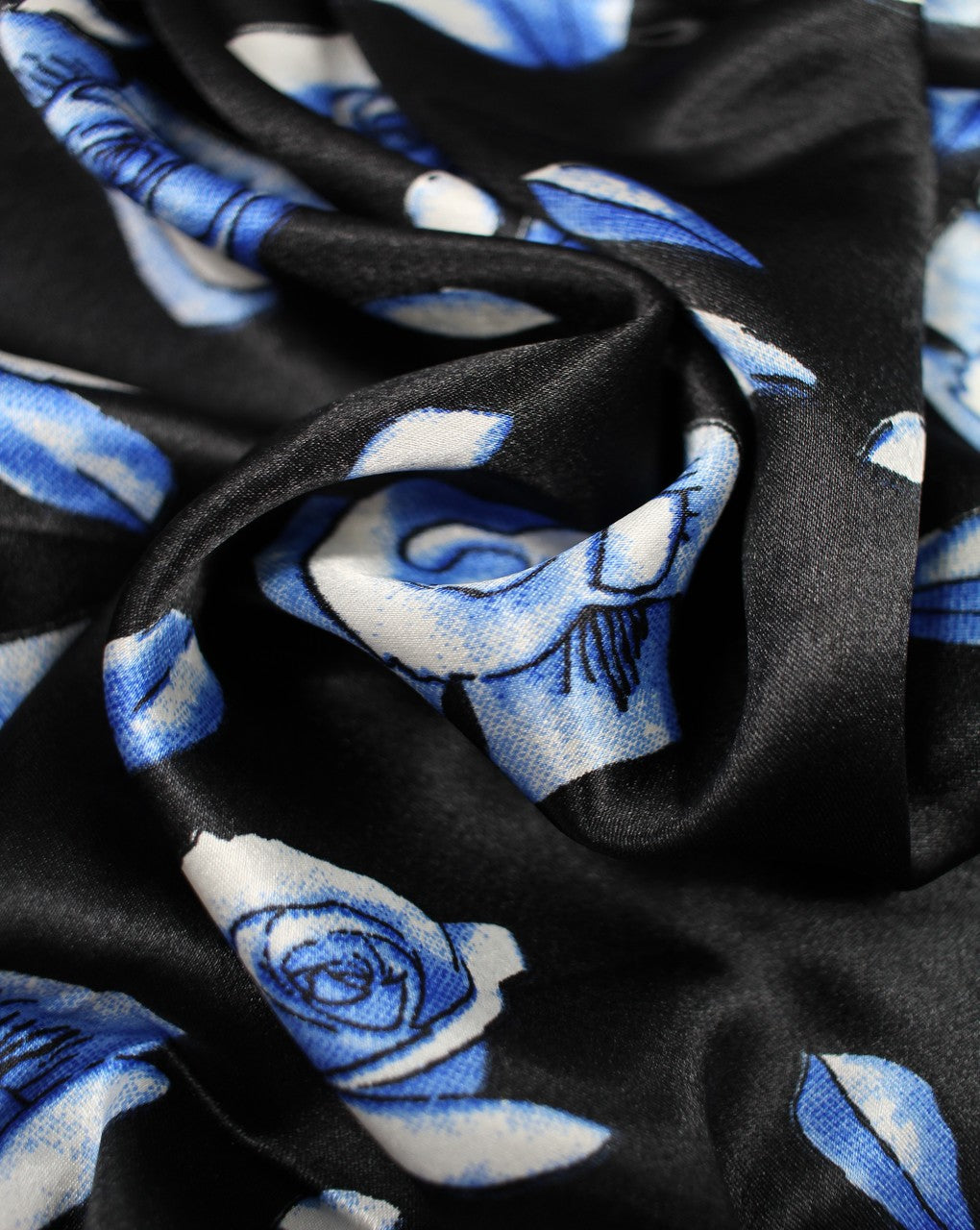 Black And White Blue Floral Print Polyester Satin Fabric