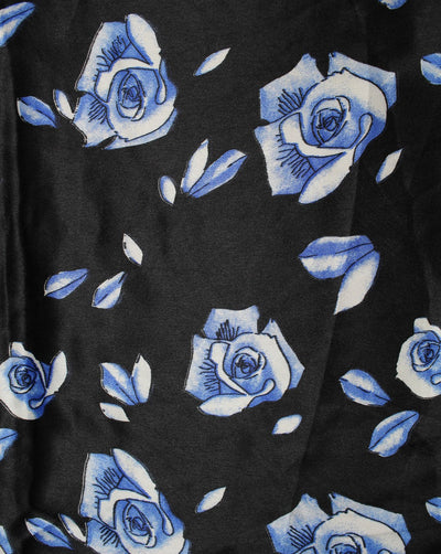 Black And White Blue Floral Print Polyester Satin Fabric