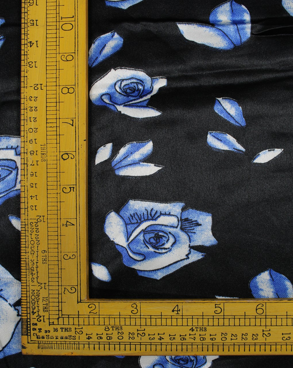 Black And White Blue Floral Print Polyester Satin Fabric