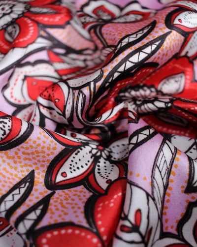 Pink And Multicolor Floral Print Polyester Satin Fabric