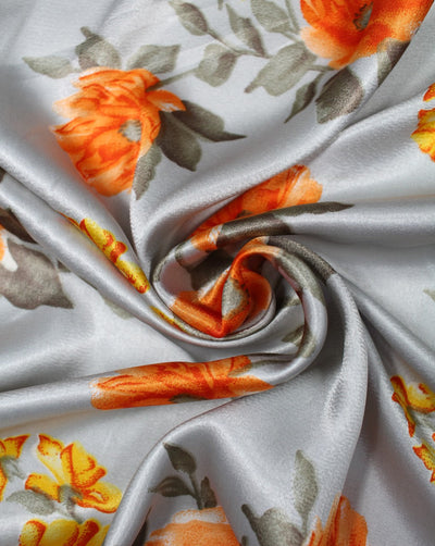 Grey And Multicolor Floral Print Polyester Satin Fabric