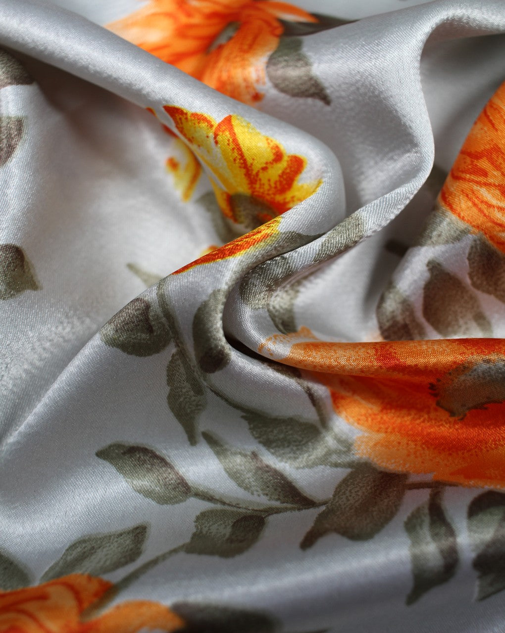 Grey And Multicolor Floral Print Polyester Satin Fabric