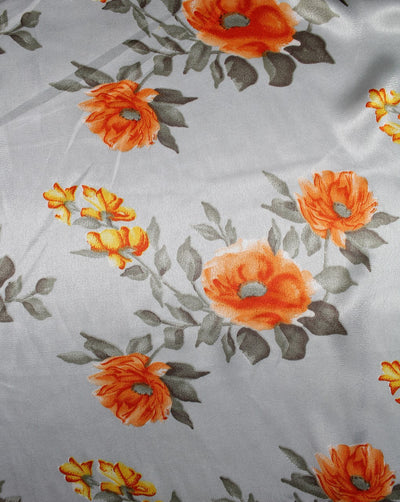 Grey And Multicolor Floral Print Polyester Satin Fabric