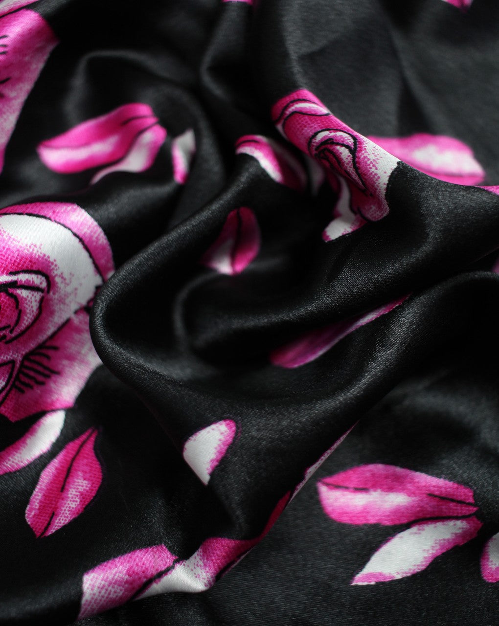 Black And Purple White Floral Print Polyester Satin Fabric
