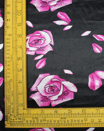 Black And Purple White Floral Print Polyester Satin Fabric