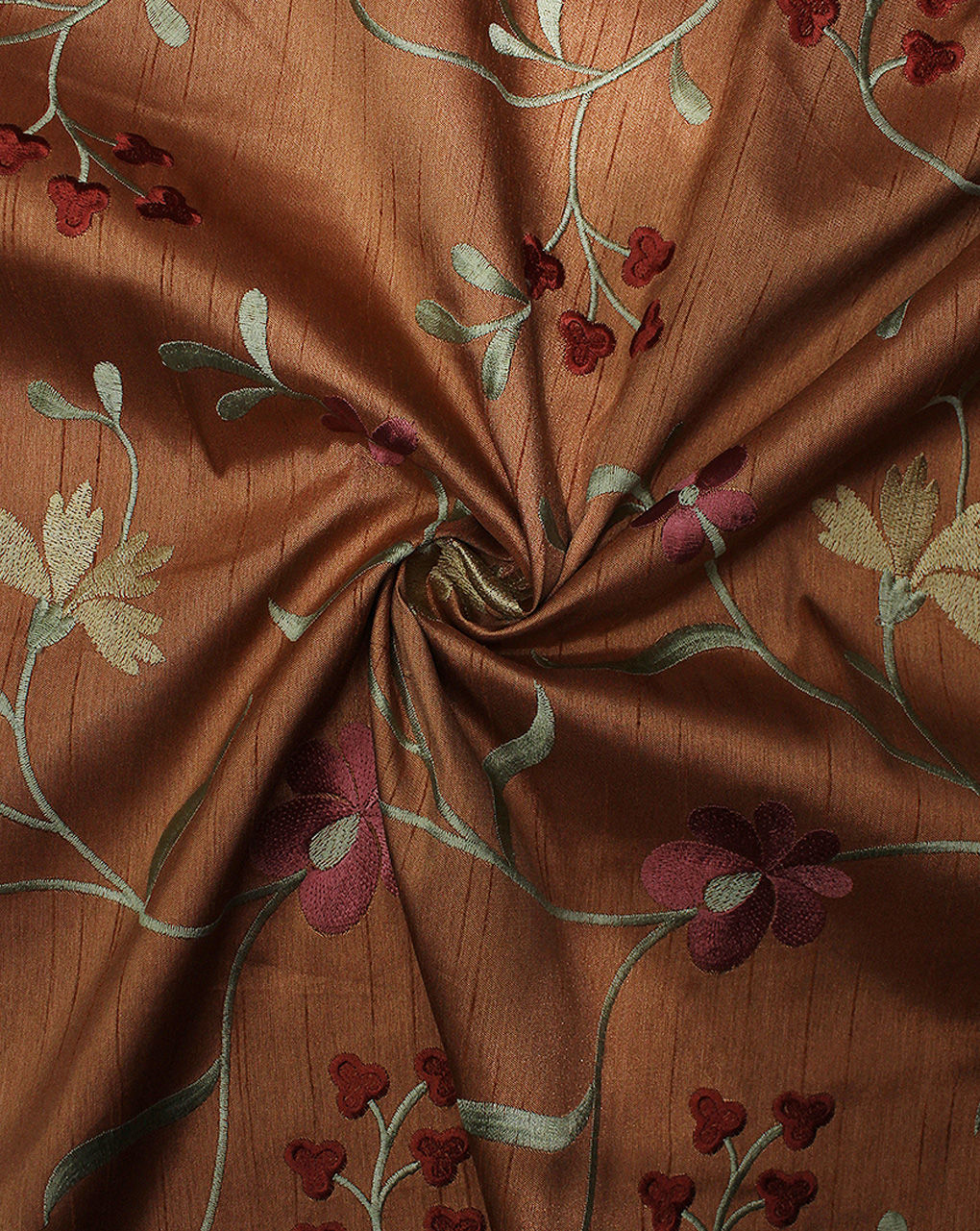 Light Brown Floral Design Polyester Dupion Embroidered Fabric