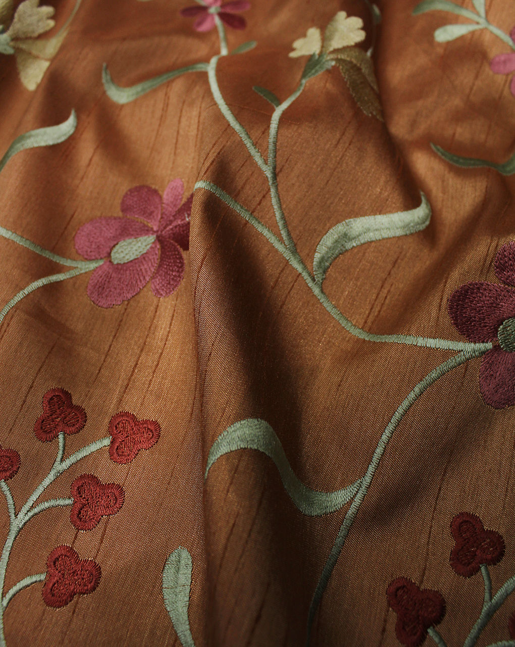 Light Brown Floral Design Polyester Dupion Embroidered Fabric